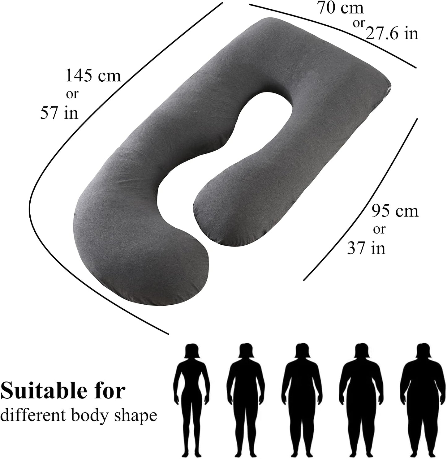 ALLOPERA Pregnancy Pillows for Sleeping, 57-Inch U-Shaped Full Body Maternity Pillow with Adjustable Fill and Removable Washable Cover, Back, Belly, Hip and Leg Support for Pregnant Women, Black Grey