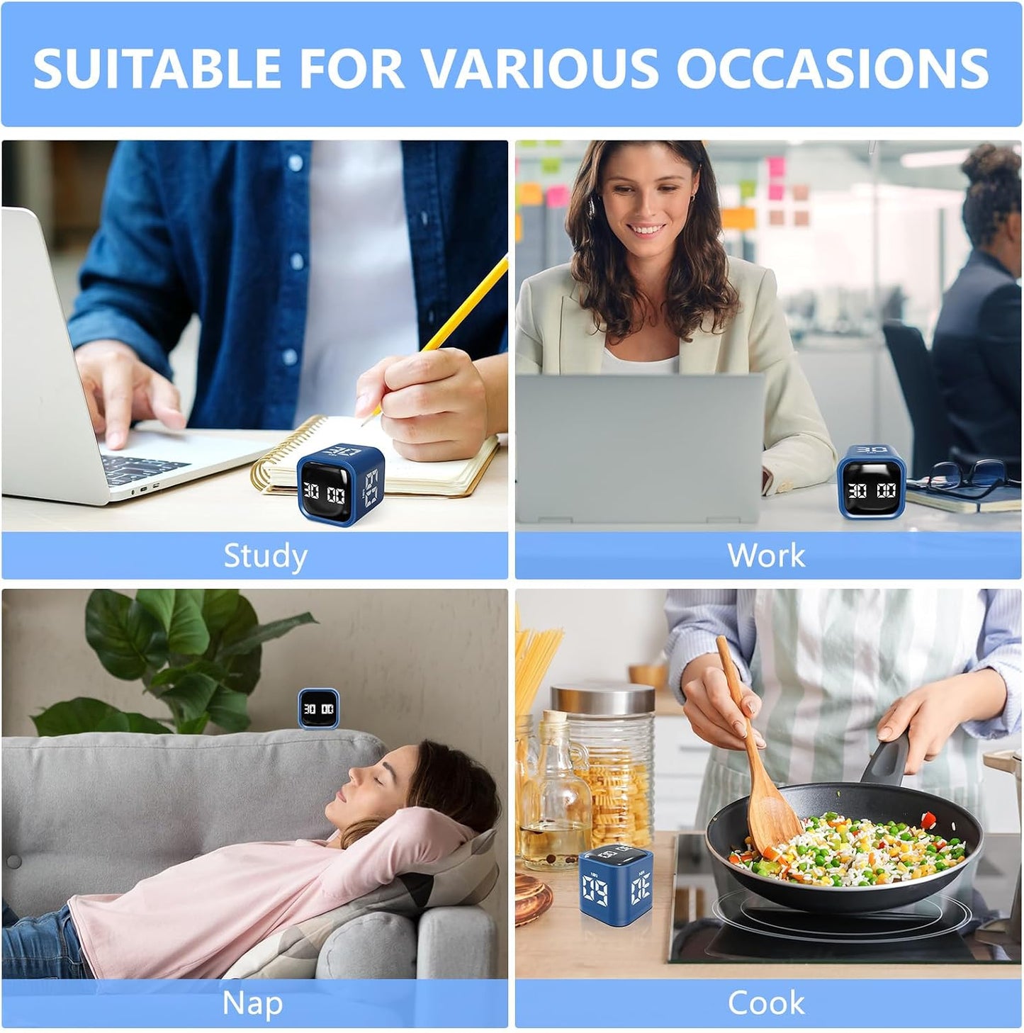 GuDoQi Multi-Function Cube Timer, 5/10/30/60 Min & Custom Count Down, Included Pause & Resume Feature, Silent, Vibrate & Adjustable Sound Alarm for Productivity in Tasks, Study & Kitchen, Purple