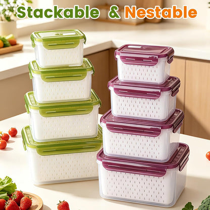 TBMax Fruit Storage Containers for Fridge Organizers and Storage, 4 Pack Large Produce Saver with Airtight Lid & Colander for Berry Lettuce Salad Vegetable Storage, Refrigerator Organizers