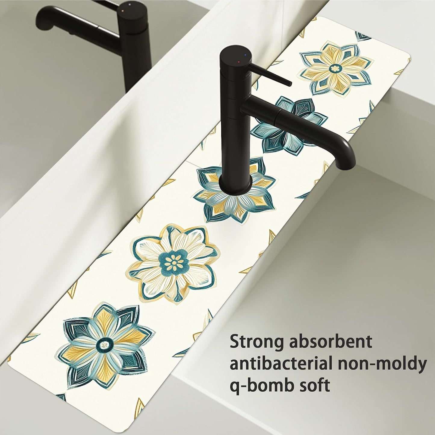 Bimkole 2 PCS Faucet Absorbent Mat, Kitchen Faucet Sink Splash Guard Wraparound Cloth Pads Drip Catcher for Sink Faucet for Kitchen Bathroom Faucet, Colorful Faucet Mat, 15 x 4 Inch Flower A6