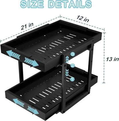 Golener 2-Tier Expandable Pull Out Cabinet Organizer, Cabinet Drawers, 16"D | Cabinet Pull Out shelves, Adjustable Pantry Drawers, Slide Out Drawers for Kitchen Cabinets, Under Sink Organizer, Black
