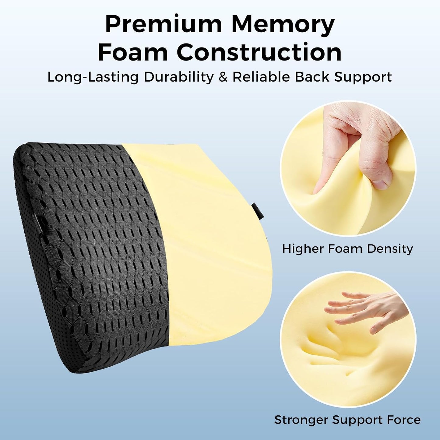 Lumbar Support Pillow for Car & Office Chair - High-Density Memory Foam Back Cushion for Sciatica & Lower Back Pain Relief - Non-Slip Support for Long Commutes & Desk Workers (Black)