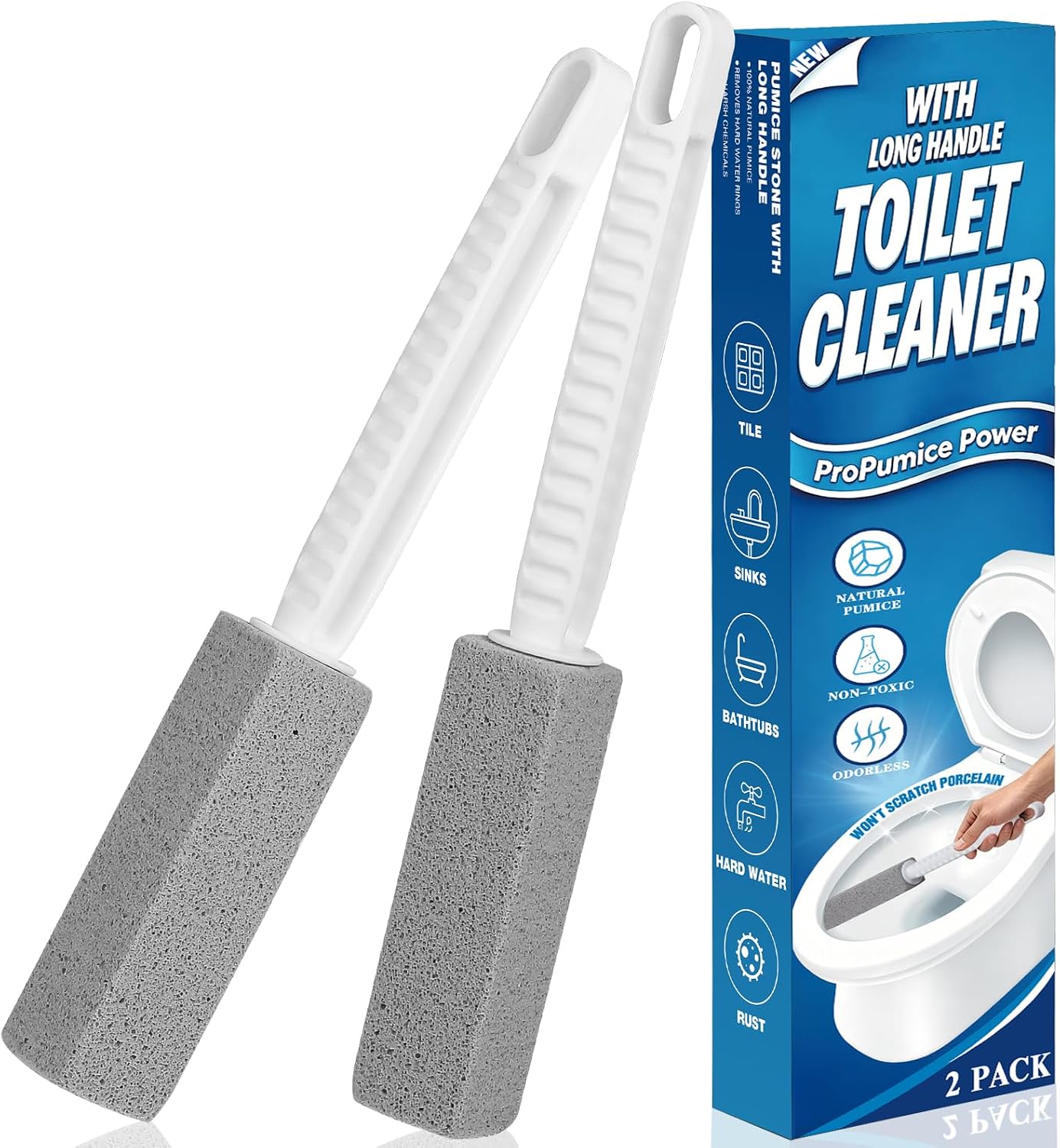 4 Pack Pumice Stone Toilet Bowl Cleaner with Long Handle | Powerfully Removes Toilet Bowl Rings, Rust & Lime, Ideal for Toilet Brush, BBQ Grills, Sink, Pool, Bathroom