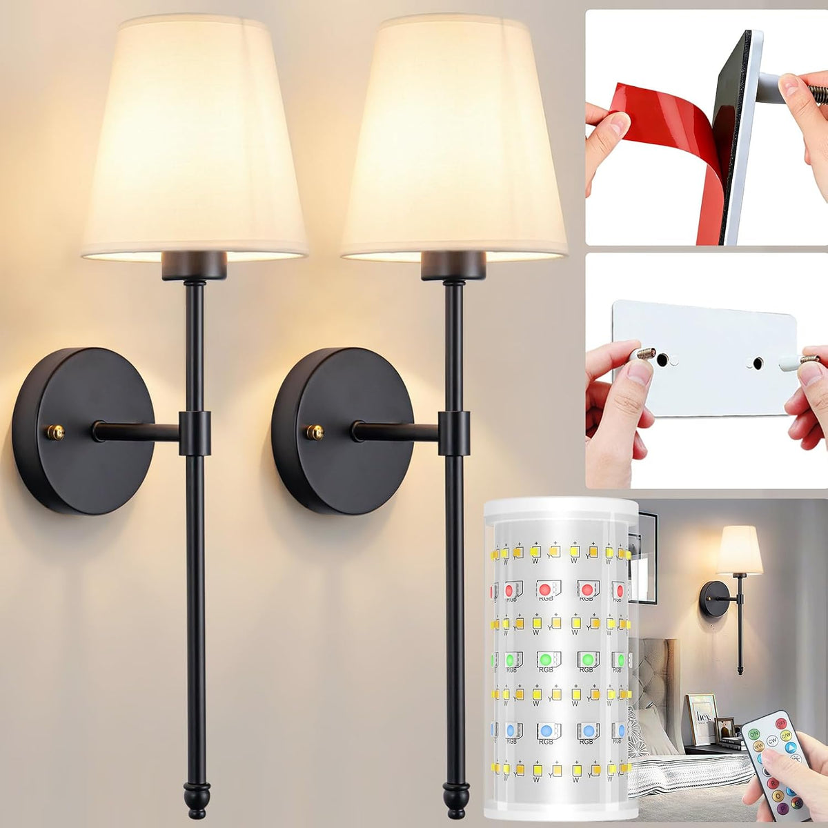 Nekhung Battery Operated Wall Sconce, Peel and Stick Sconces Set of 2
