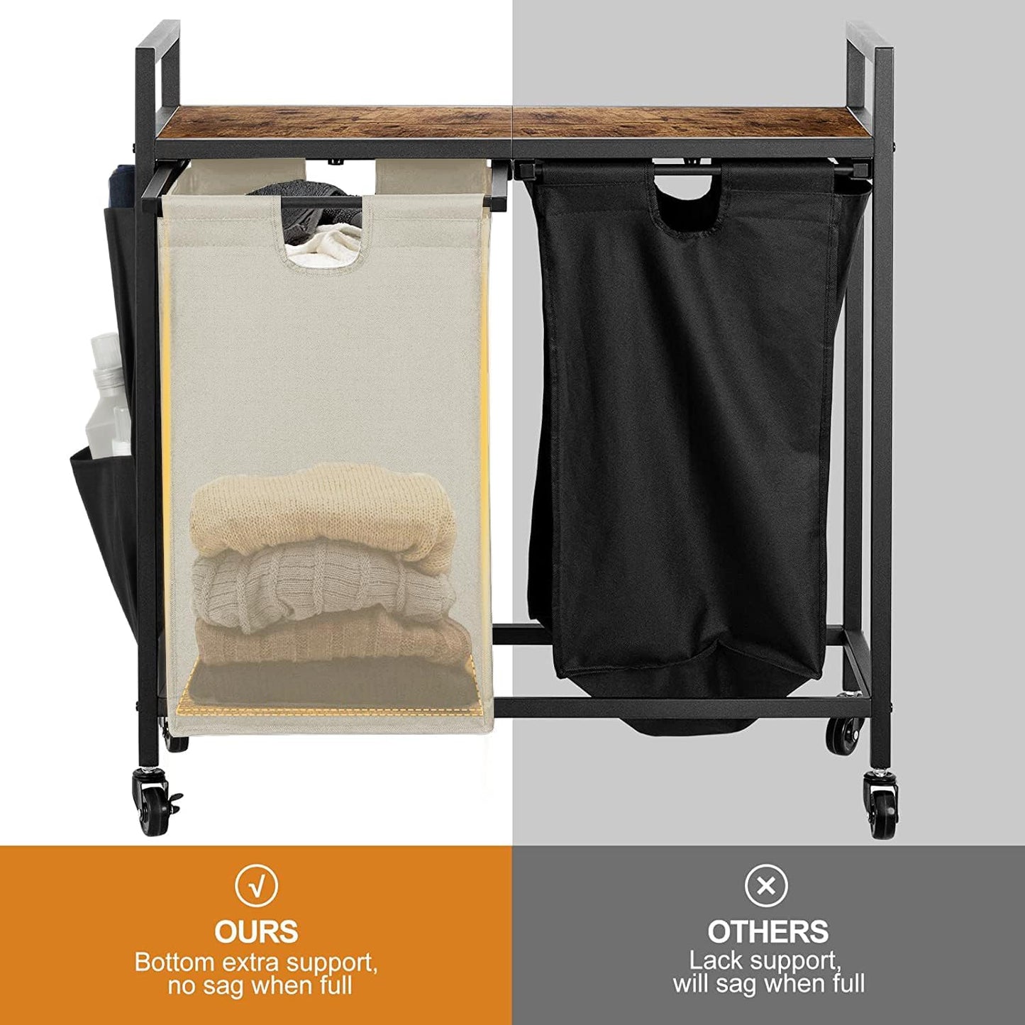 WOWLIVE Double Laundry Hamper with Wheels, Rolling Laundry Basket Organizer | Laundry Hamper 2 section with Lid, Iron-Made Laundry Sorter with Shelf, Removable Bags, Large Clothes Storage, White