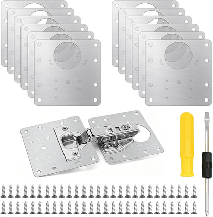 20 Pcs Stainless Steel Cabinet Hinge Repair Plate, 90x90mm Door Hinge Mounting Plate with 120 Screws and 1 Screwdriver, Hinges Repair Fixing Plates for Kitchen Cupboard Doors & Furniture