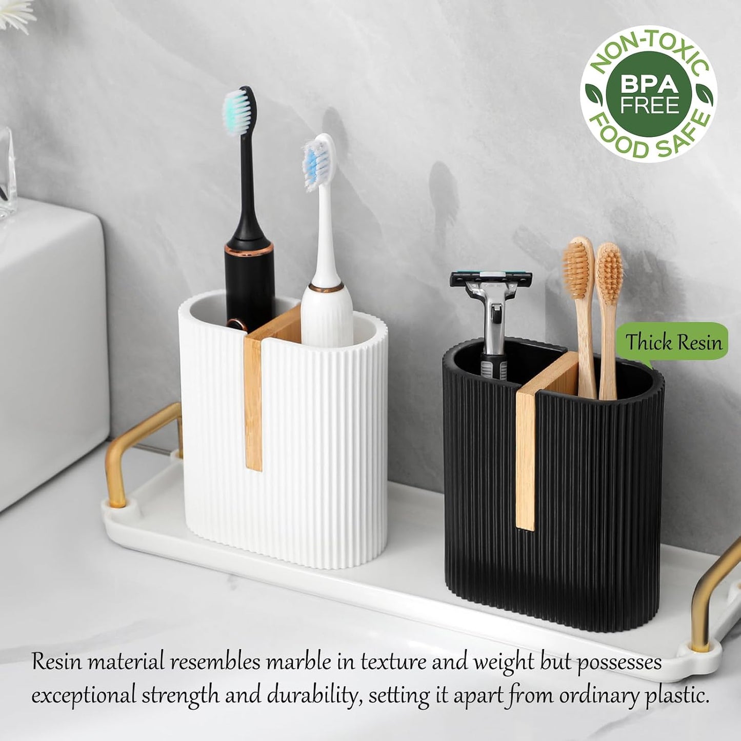 Toothbrush Holders for Bathroom, Bamboo Electric Toothbrush Stand, White | Toothbrush and Toothpaste Organizer for Sink Countertop, Bathroom Storage Stand for Brushing Accessories