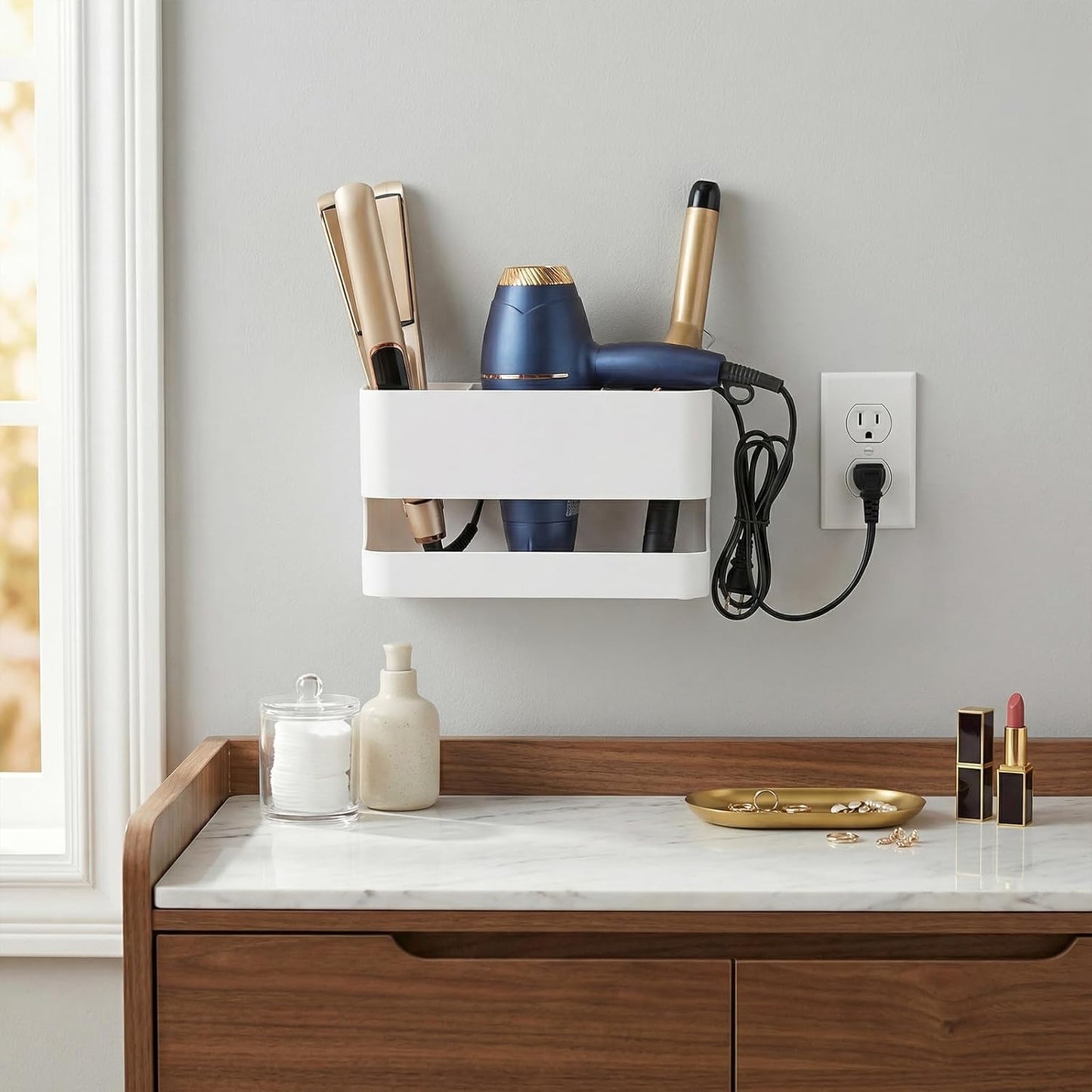 MyGift Wall Mount Salon Hair Tool Organizer with 3 Slots, Black Metal | Wall-mounted black metal storage features 3 slots for curling irons, blow dryers, straighteners, and hair brushes