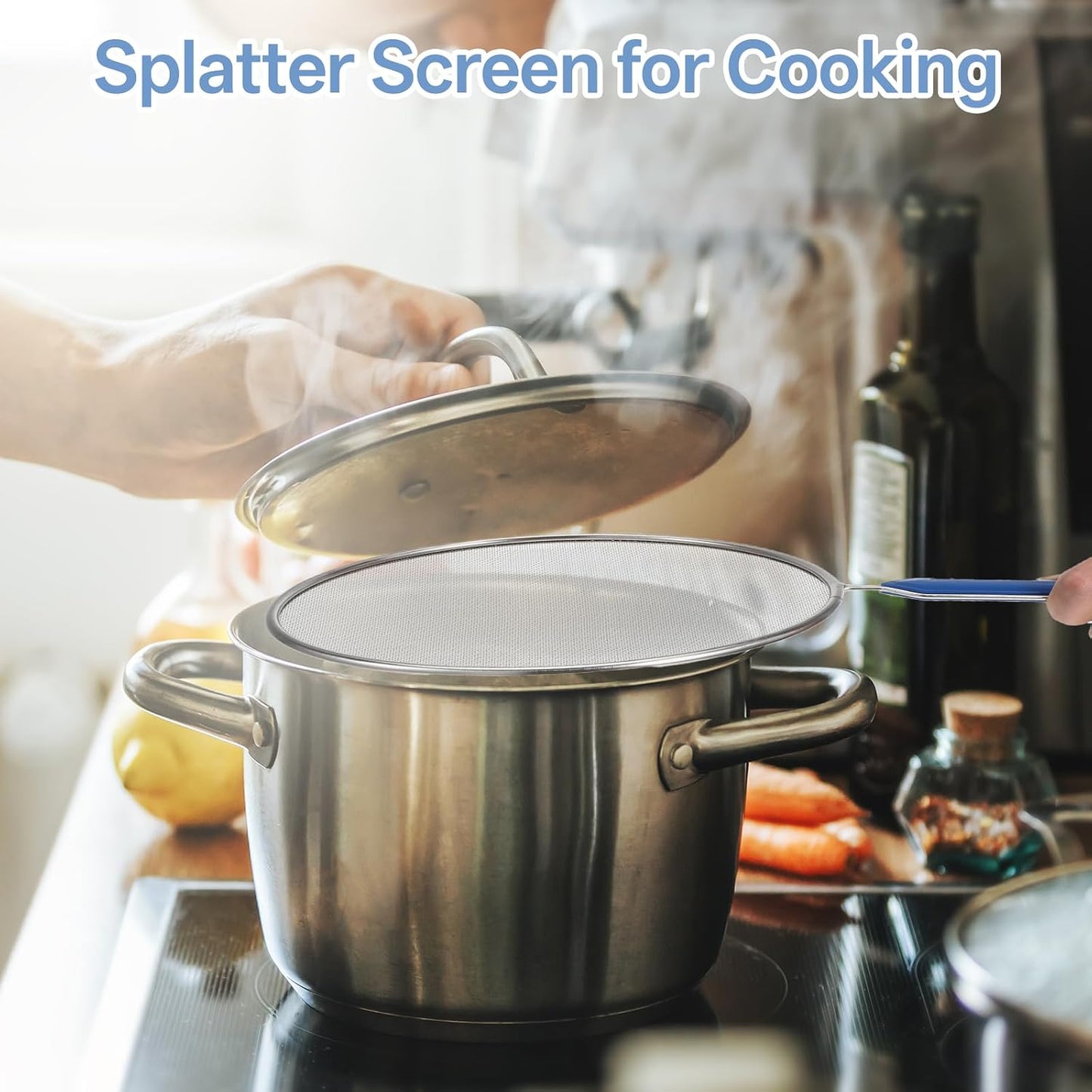 Splash Guard for Frying Pan, 8 Inch Stainless Steel Oil Splatter Pan | Splatter Guard with Nylon Brush Fine Mesh for Pan Cooking Supplies Shield from Splashing Oil