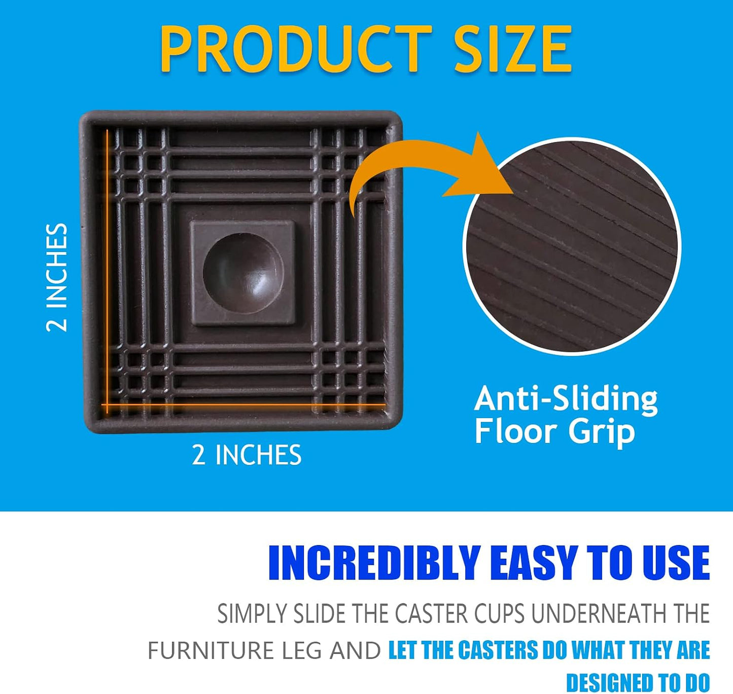 2X2 Square Rubber Furniture Caster Cups, TL-JIYPU Caster Cups with Anti-Sliding Floor Grip 4 PCS, Ideal Furniture Coasters, Floor Protectors Brown, Non Skid Furniture Pads, Rubber Furniture Cups