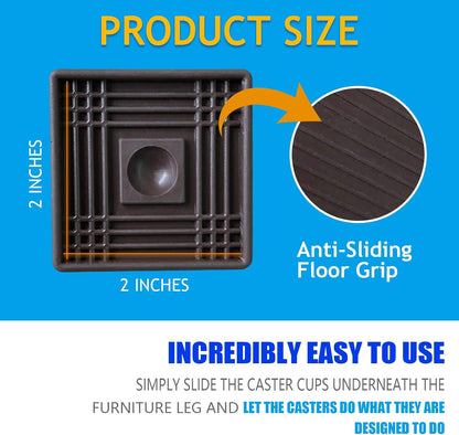 2X2 Square Rubber Furniture Caster Cups, TL-JIYPU Caster Cups with Anti-Sliding Floor Grip 4 PCS, Ideal Furniture Coasters, Floor Protectors Brown, Non Skid Furniture Pads, Rubber Furniture Cups