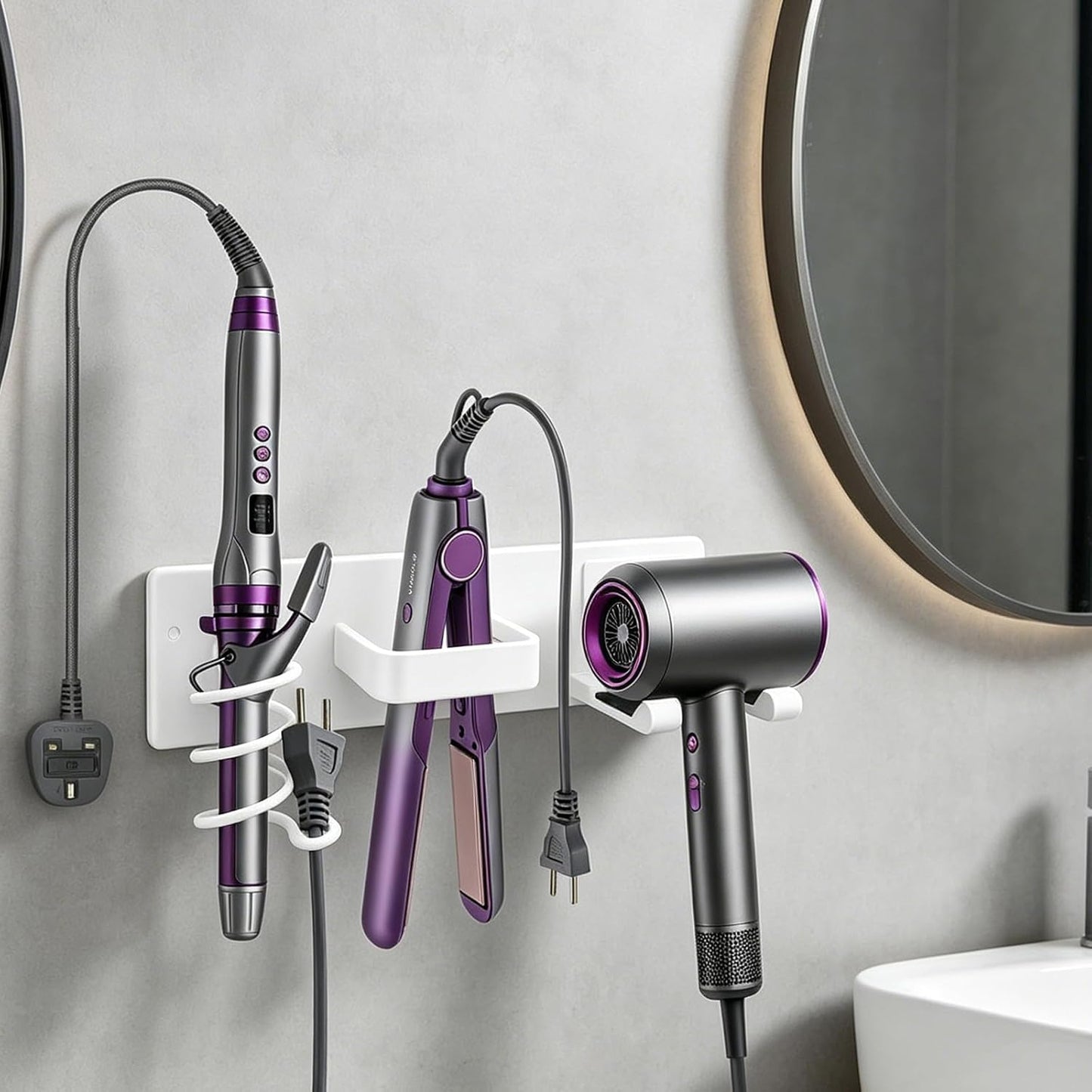 Hair Dryer Holder Wall Mount, Easy Assemble Hair Tool Organizer | 3 in 1 Metal Dryer Rack with Blow Dryer Holder & Curling Iron & Straightener Storage for Salo ＆ Bathroom (Matte Black)