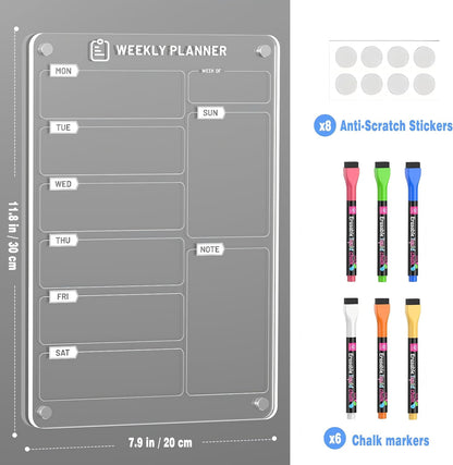 Magnetic Meal Planner for Fridge | Acrylic Weekly Planner with Chalk Marker for to-Do List, Shopping List, Menu List (8 x 12)