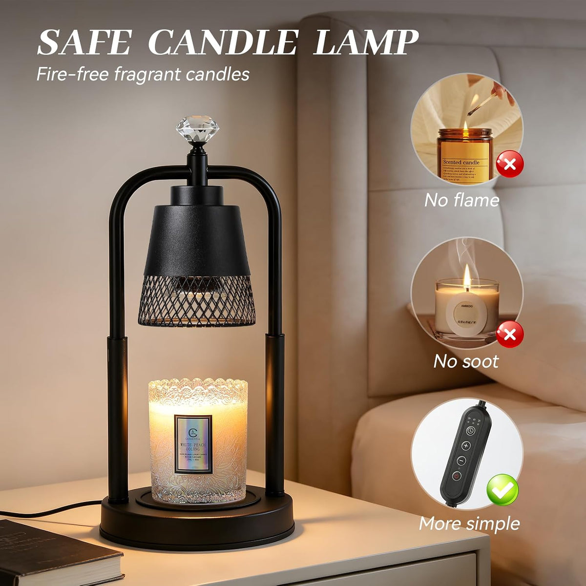 Table Lamp Candle Warmer Flameless 2.5- 6.5in Height Adjustable Timer Dimmer Wax Melt Warmer Lamp for Large 3 Wicks Jar Candles Modern Bedside Lamp for Mothers Day House Warming Home Decor Living Room