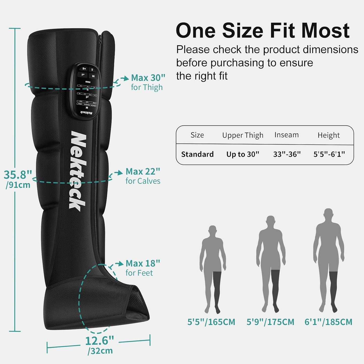 Nekteck Cordless Leg Compression Massager, (1-Pack) Middle | Rechargeable Massage Tools, 6 Modes, 4 Intensities, 3 Timers, Portable Full Leg Boots, FSA Eligible Gifts for Mom, Dad, Gym