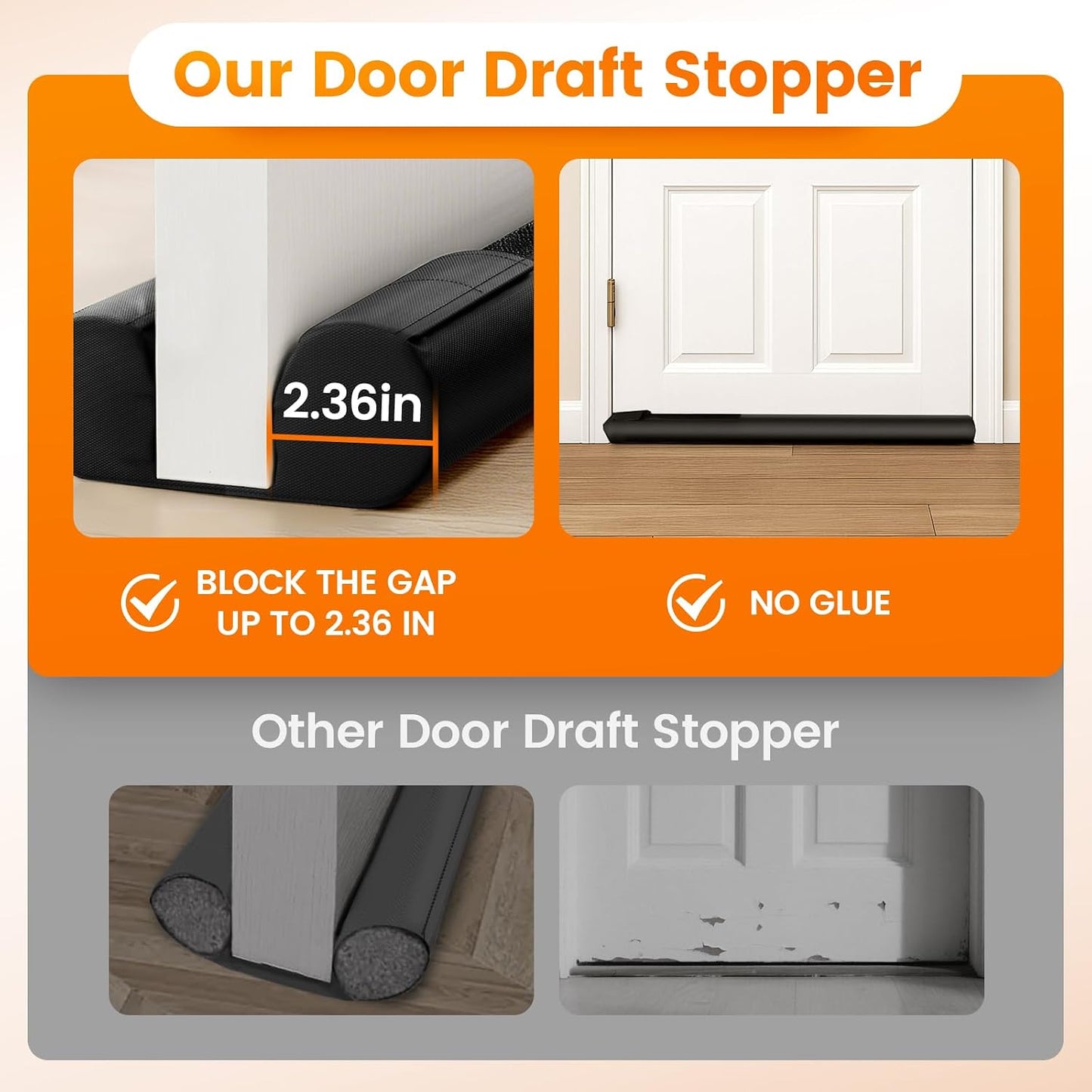 Door Draft Stopper, Under Door Draft Stopper for Bottom, 36 in, Black | Adjustable Size, Covers Gap up to 2.36 in, Easy Install, Blocks Cold air, Light, Reusable, for Bedrooms & Kitchen