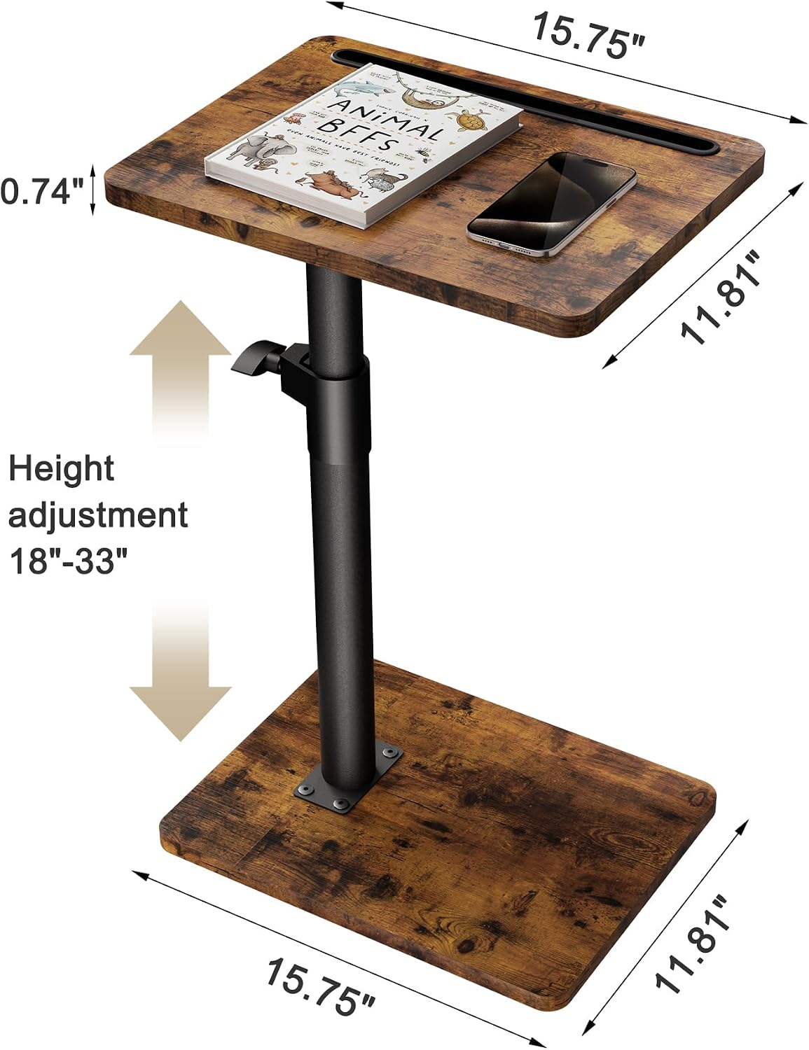 YUHFERA Sofa Armrest Tray Table for Couch - 360° Swivel Height Adjustable End for Small Spaces, Snack Side Table for Bed or Chair with Phone & Tablet Slot (Rustic,Standard)