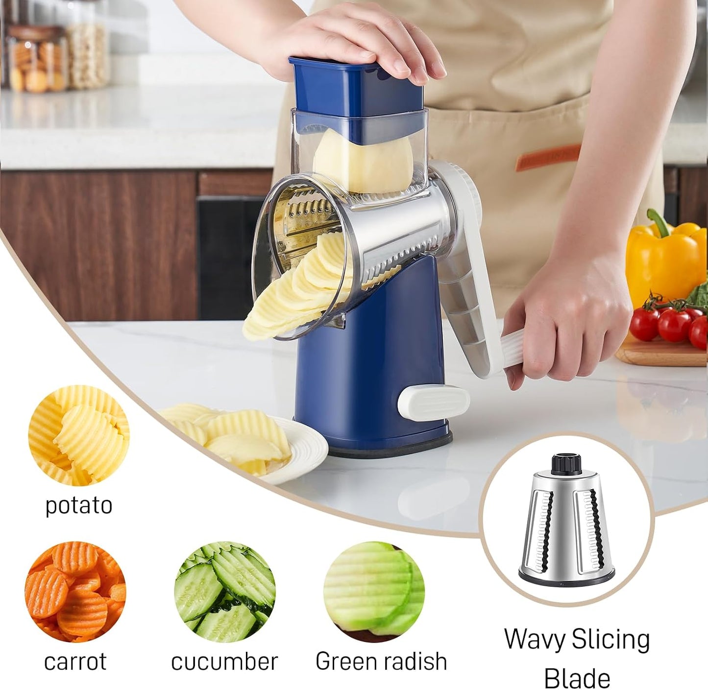 Weltonhm 4 in 1 Large Rotary Cheese Grater Hand Crank (black, 3 Graters) | Cheese Shredder Rotary and Slicer with 4 Stainless Steel Blades for Vegetables, Veggie and Cheese, Stronger Suction Base