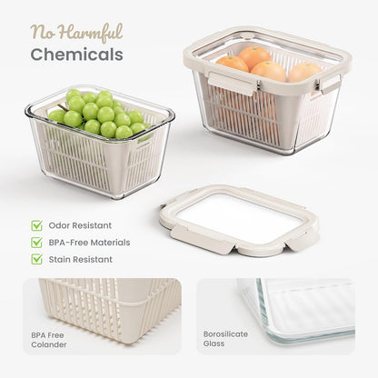 Glass Produce Storage Containers for Fridge, 2-Pack – Airtight Fruit & Vegetable Containers with Removable Colanders, Flexible Silicone Lids,LeakProof, BPA-Free Borosilicate Glass