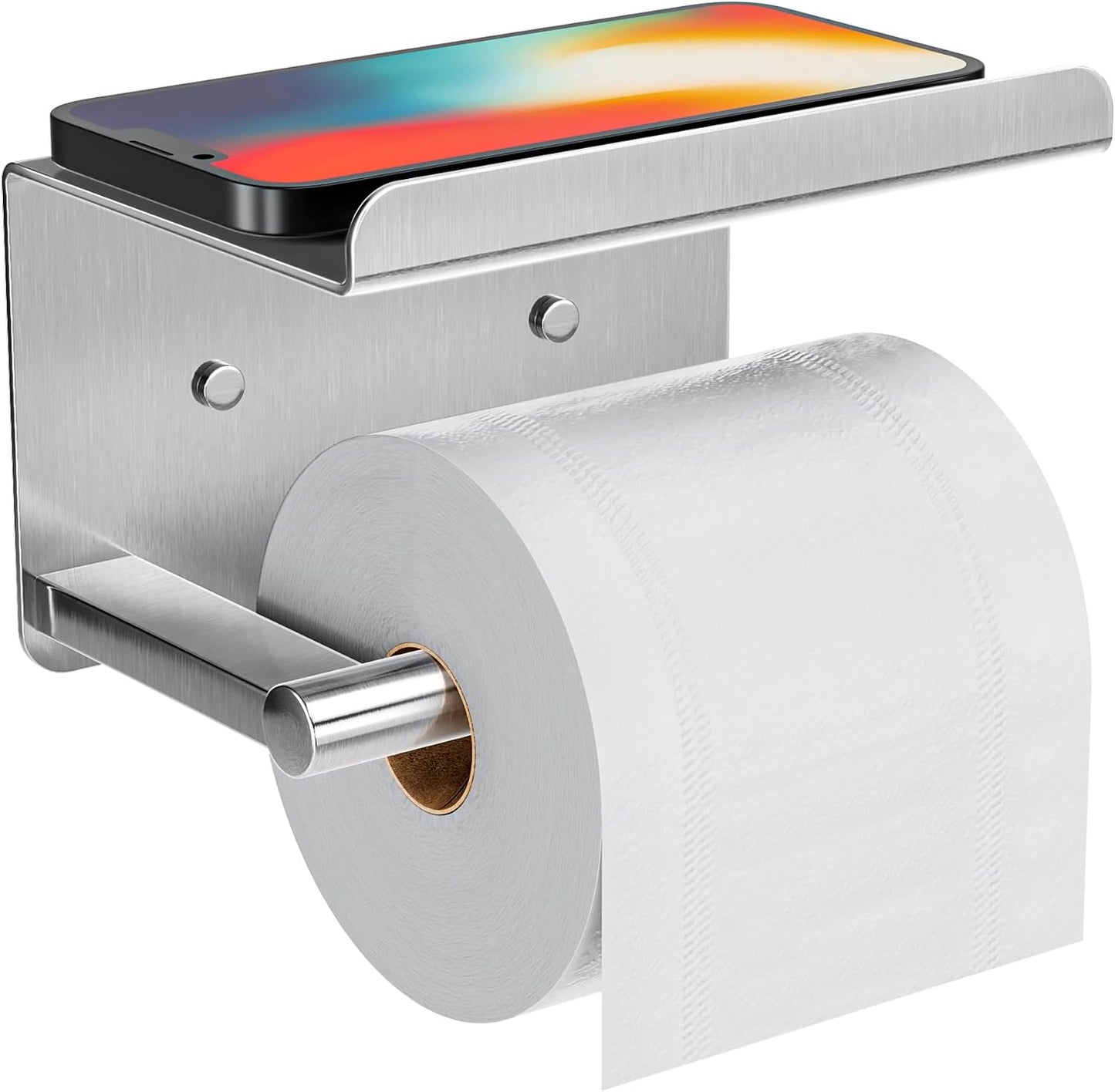 Adhesive Toilet Paper Holder with Shelf, Stainless Steel, Silver | Two Installation Ways:Self Adhesive or Wall Mount, Stick On Toilet Paper Holder, Peel and Stick, Bath Tissue Holder, Bathroom
