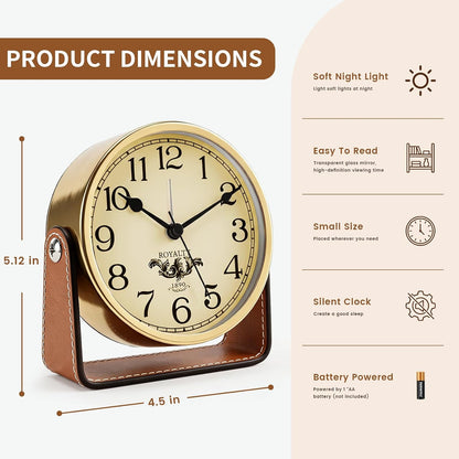 Analog Alarm Clock - 4.5" Silent Non Ticking Small Clock with Light, Rotatable Stand Metal Desk Clock Battery Operated, Simple Design for Living Room Decor/ Bedroom/Bedside/Shelf (Black & White)