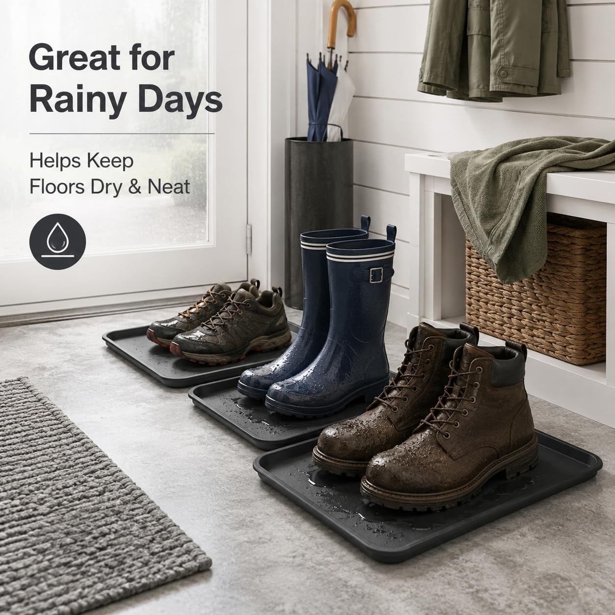 4 Pack 16 x 12 Inch Boot Trays for Entryway, Waterproof Shoe Mat Tray with Raised Edge, Outdoor Multi-Purpose Shoe Tray for Boots Shoes Garden Pets-Dark Gray