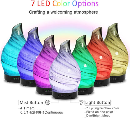 Essential Oil Diffuser 120ML Glass Aromatherapy Diffuser with 4 Timer Settings & 7 Color Changing Lights, Auto Shut-Off, Ultra Quiet Oil Diffuser for Home, Office, Yoga, Spa