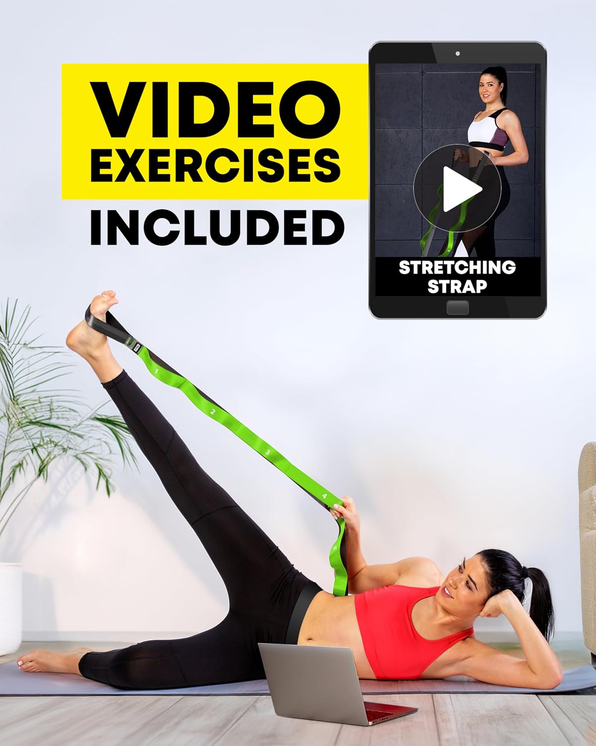 Stretching Strap with Loops - Non Elastic Yoga Strap for Physical Therapy | Video Exercises Included - Stretch bands for Stretching Equipment and Flexibility - Fascia, Hamstring & Leg Stretcher Belt