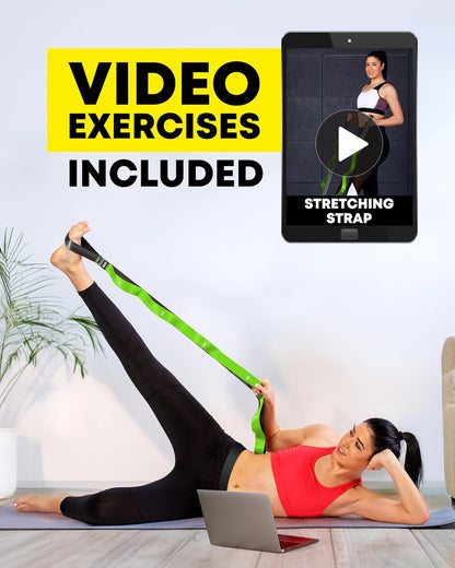 Stretching Strap with Loops - Non Elastic Yoga Strap for Physical Therapy | Video Exercises Included - Stretch bands for Stretching Equipment and Flexibility - Fascia, Hamstring & Leg Stretcher Belt