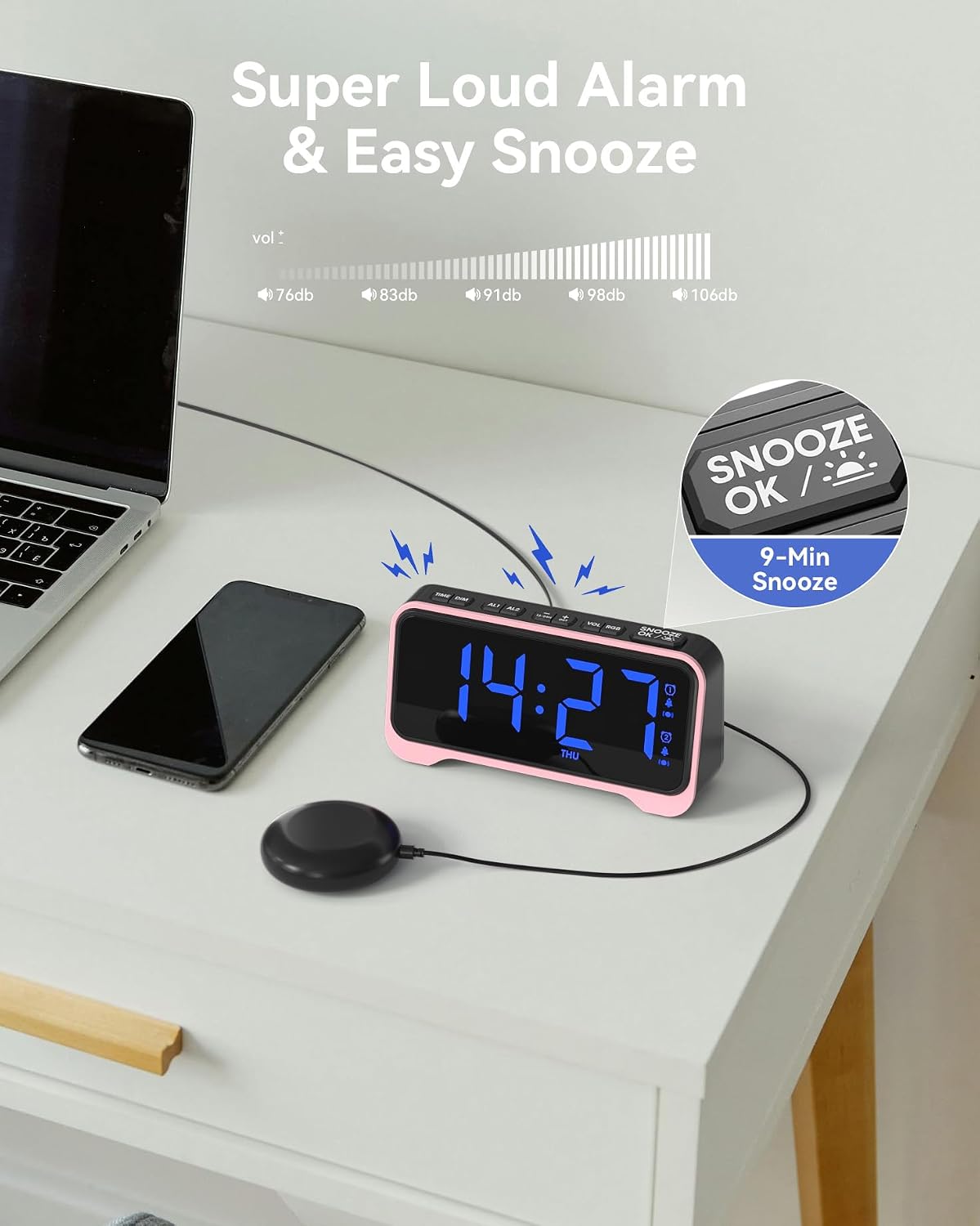 Loud Alarm Clock for Heavy Sleepers Adults, Bed Shaker Alarm Clock