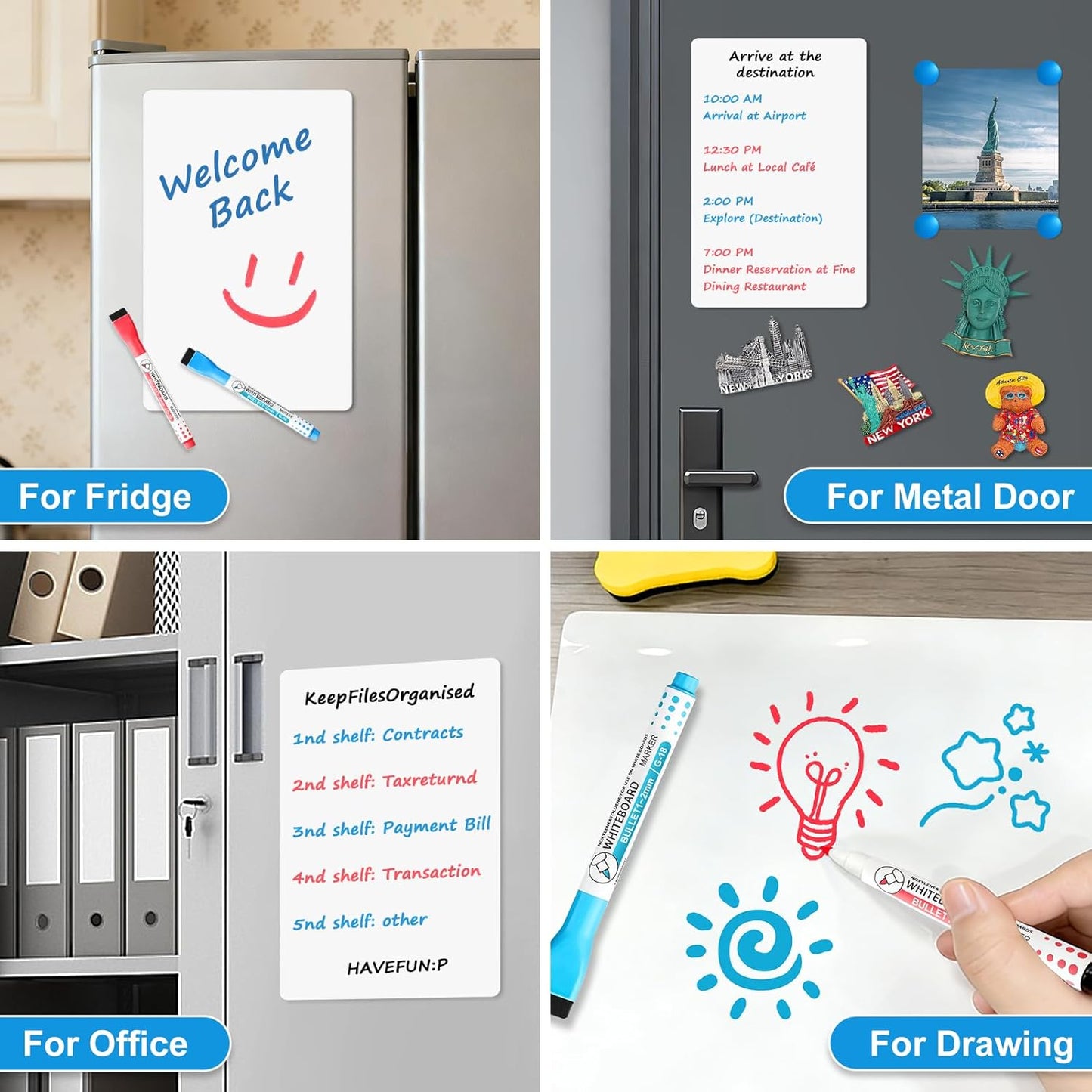 Magnetic Whiteboard for Fridge, 4-Pack Dry Erase Boards (12×8 in) with 5 Markers & Eraser, Strong Magnet & Stain-Resistant Surface, Reusable Message Board for Fridge, Family Planner & Kitchen Notes