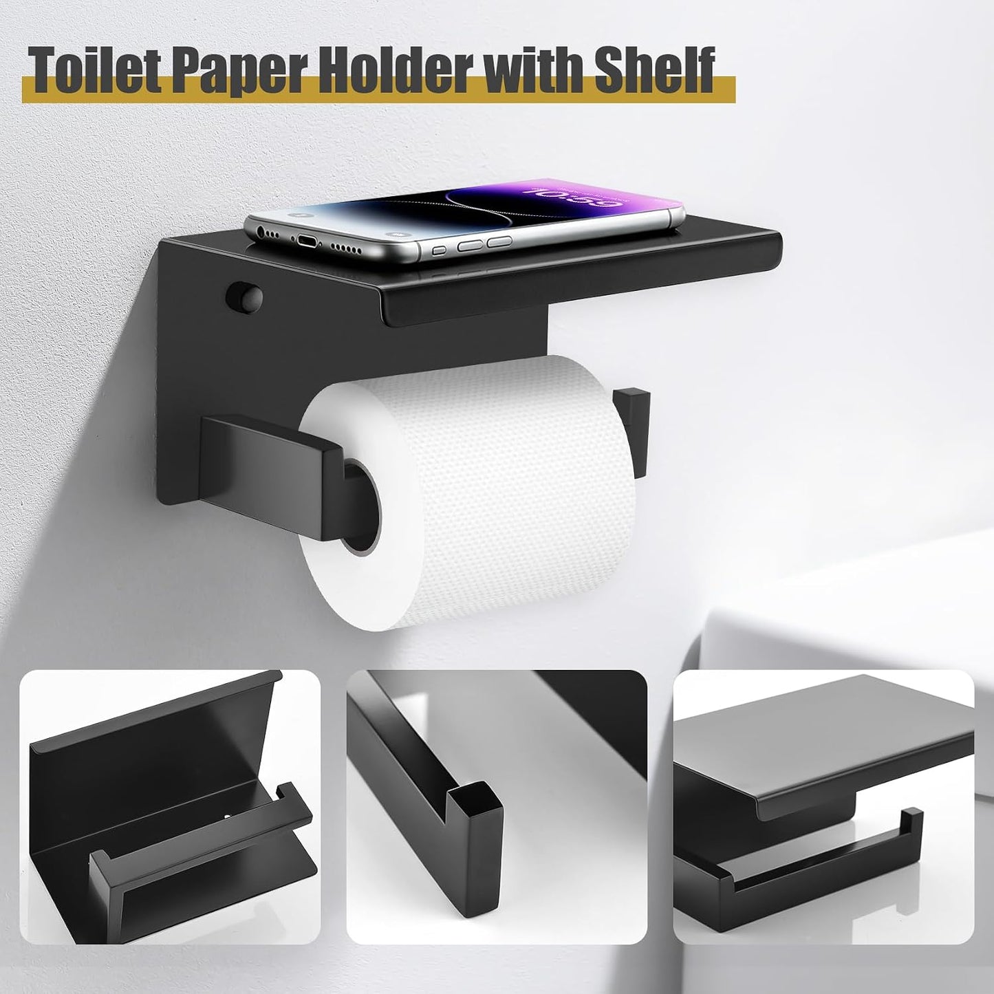 TURS Bathroom Hardware Set Black 4-Piece Towel Bar Set Include 24 Inch Towel Bar Hand Towel Holder Towel Hook Toilet Paper Holder with Shelf Wall Mounted Stainless Steel Bathroom Accessories Set