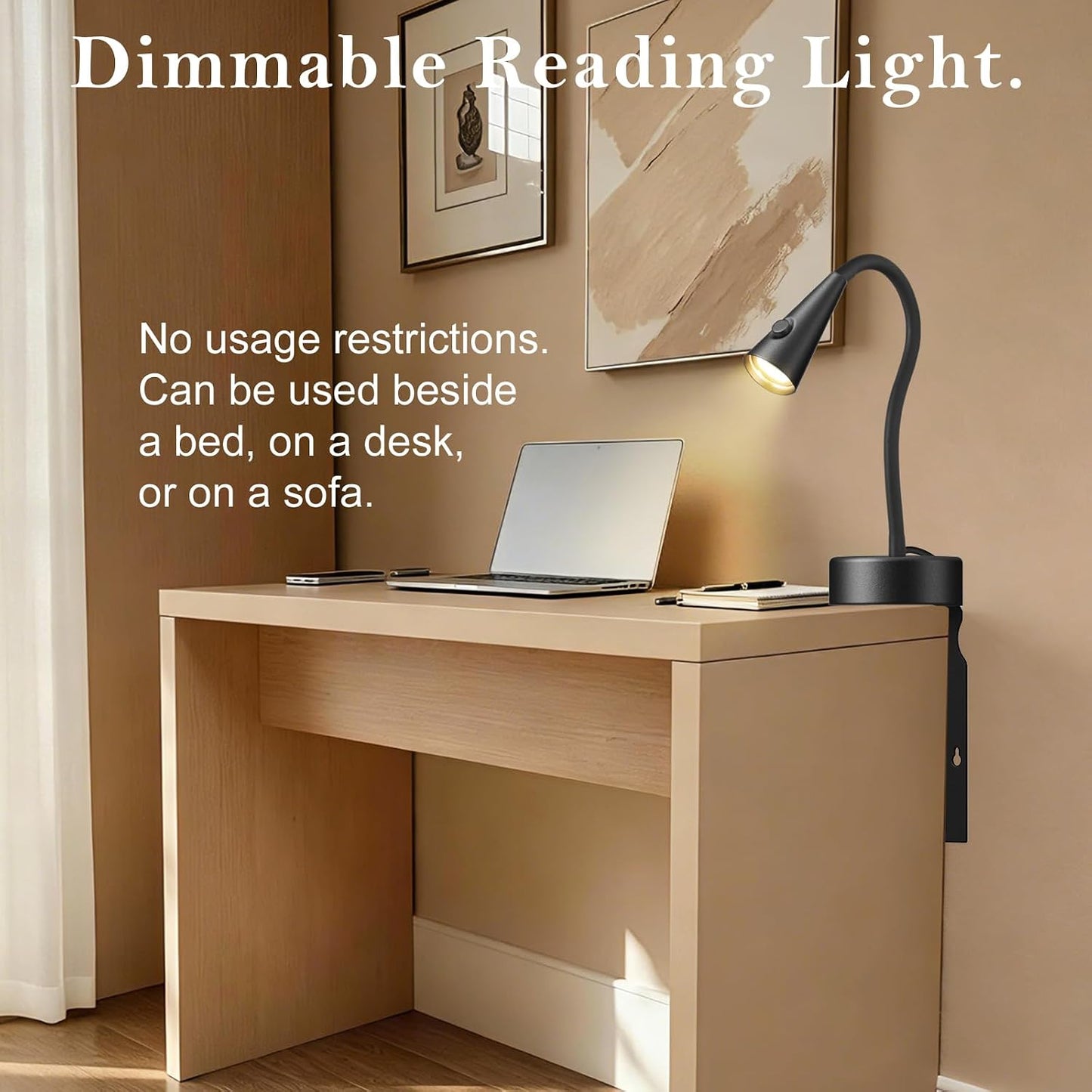 Headboard Reading Light, Black Bedside Lamp, No-Drill Book Light for Bedtime Reading, Dimmable LED, Flexible Gooseneck, 360°Adjustable, Plug-in Reading Lamp Movable-1 Pack