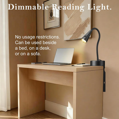 Headboard Reading Light, Black Bedside Lamp, No-Drill Book Light for Bedtime Reading, Dimmable LED, Flexible Gooseneck, 360°Adjustable, Plug-in Reading Lamp Movable-1 Pack