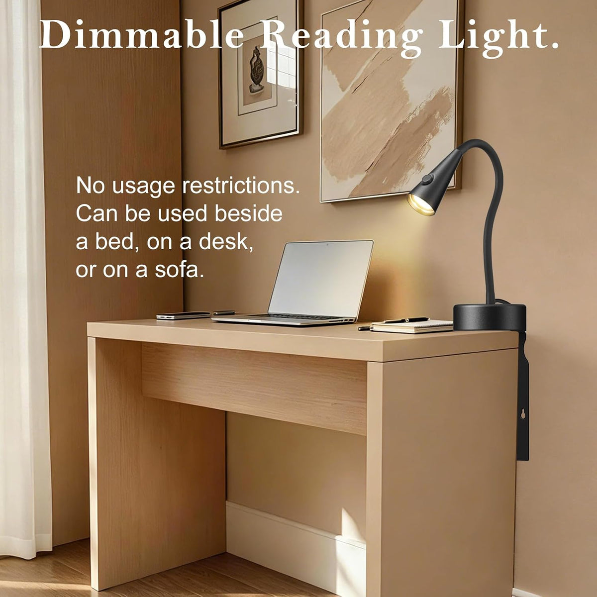 Headboard Reading Light, Black Bedside Lamp, No-Drill Book Light for Bedtime Reading, Dimmable LED, Flexible Gooseneck, 360°Adjustable, Plug-in Reading Lamp Movable-1 Pack