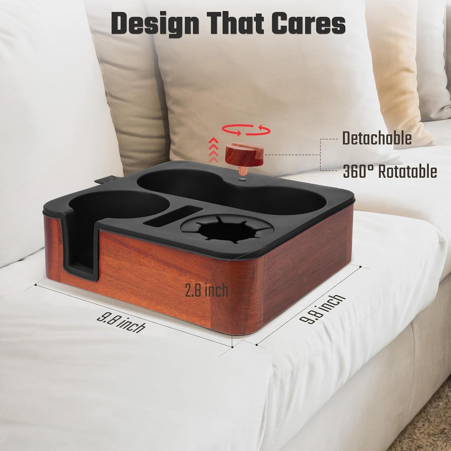 Couch Cup Holder Tray, Real Acacia Wooden Caddy with Soft Silicone, Snack and Drink Organizer- Perfect Movie Night Accessories for Bed, Remote and Cup Holders for Sofa (Black)