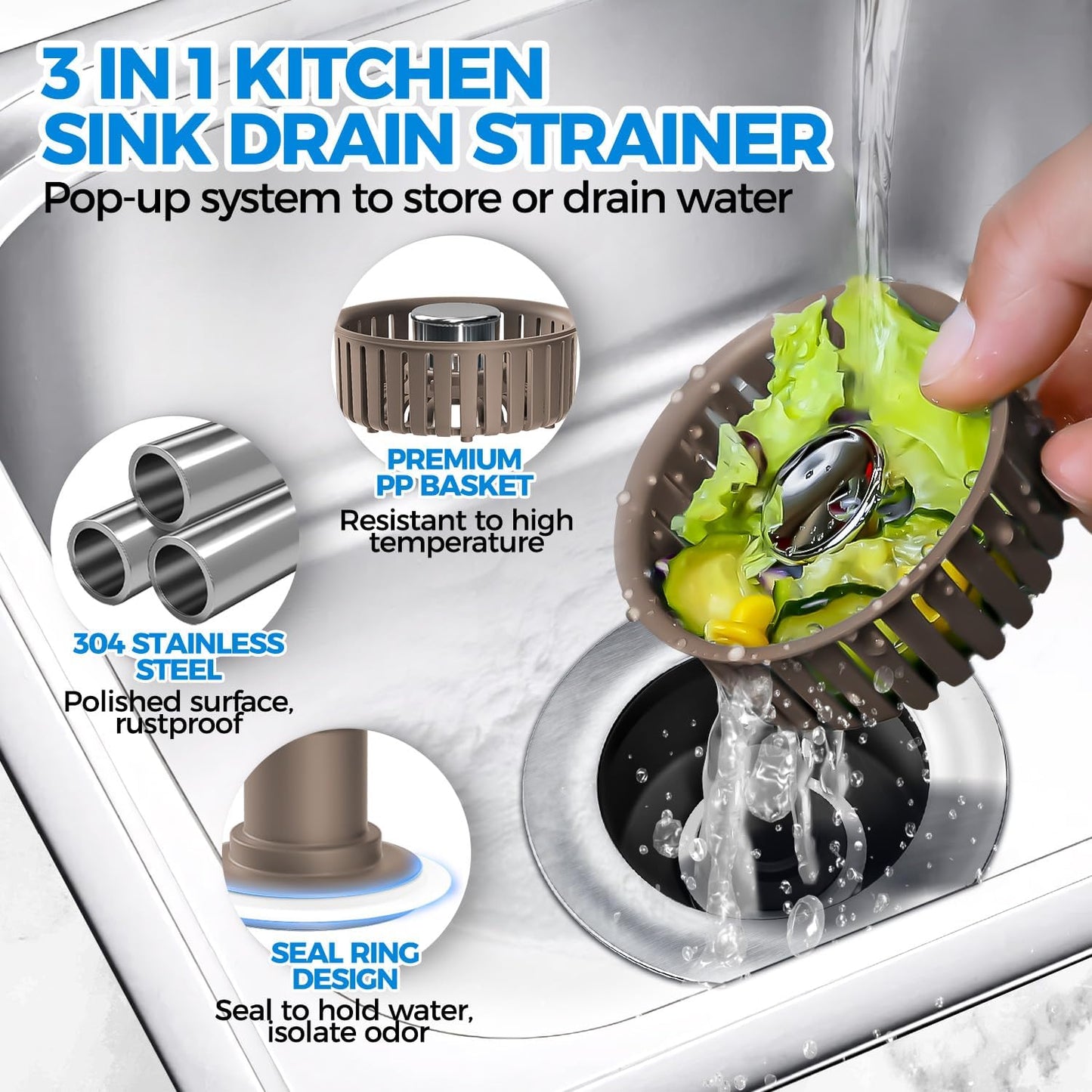 3 in 1 Kitchen Sink Drain Strainer Stopper Removable Basket Pop-Up | Kitchen Sink Food Strainer 1 Pack Silver Stainless - Food Catcher, Odor-Block Seal, Fits 3.5" Drain, Easy Clean