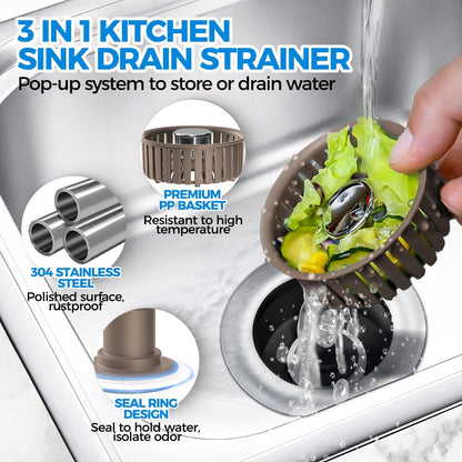 3 in 1 Kitchen Sink Drain Strainer Stopper Removable Basket Pop-Up | Kitchen Sink Food Strainer 1 Pack Silver Stainless - Food Catcher, Odor-Block Seal, Fits 3.5" Drain, Easy Clean