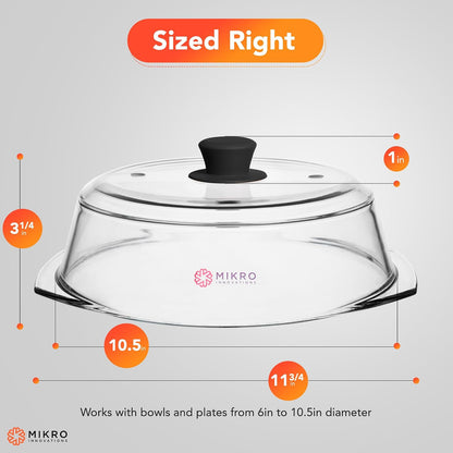 10.5-Inch Glass Microwave Splatter Cover – Borosilicate Glass Food Plate Splatter Guard with Vent Hole, BPA-Free, Easy-Grip Silicone Knob, Dishwasher Safe (1, Black, 10.5in)
