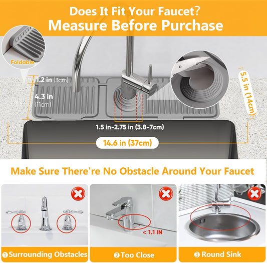 14.6 inch Faucet Mat for Kitchen Sink Splash Guard[7° Slope Fast Self-draining][Snap Lock Fit]Kitchen Sink Faucet Mat Splash Guard Kitchen Sink Area Water Splash Guard Behind Faucet Draining Mat