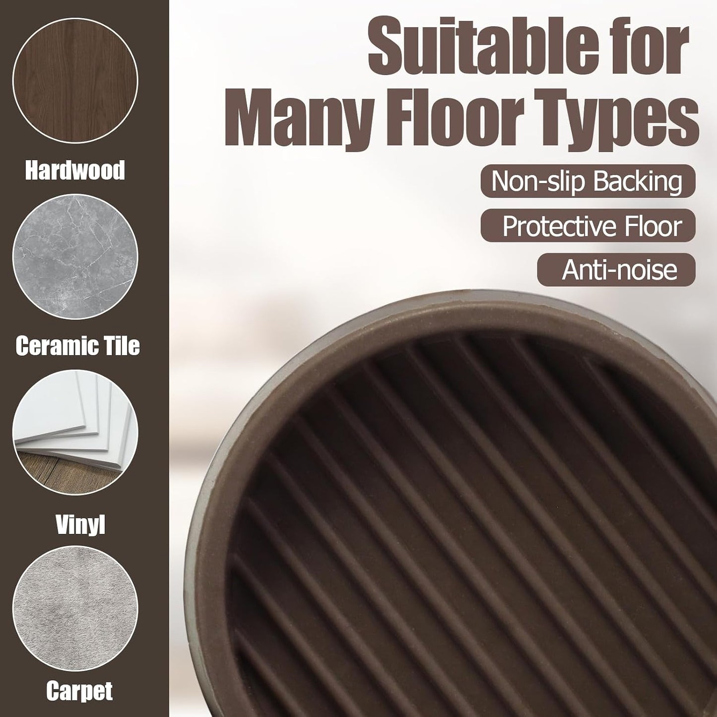 4 Pack 1.5 Inch Round Rubber Caster Cups Floor Protector Brown | Dense Rubber Anti-Slip Firm Grip, Floor Protection From Scratches, Slide-In No Tools Needed, Blends With Wood Metal Finishes