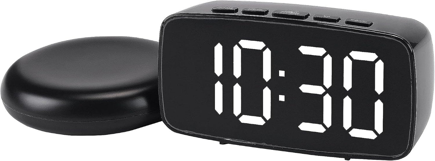 Dimmable LED Alarm Clock 2-Level Brightness, Wired Shaker, Snooze Function, Fits Bedside Table 4.7" L x 1.6" W x 2.4" H White Housing with Blue Light