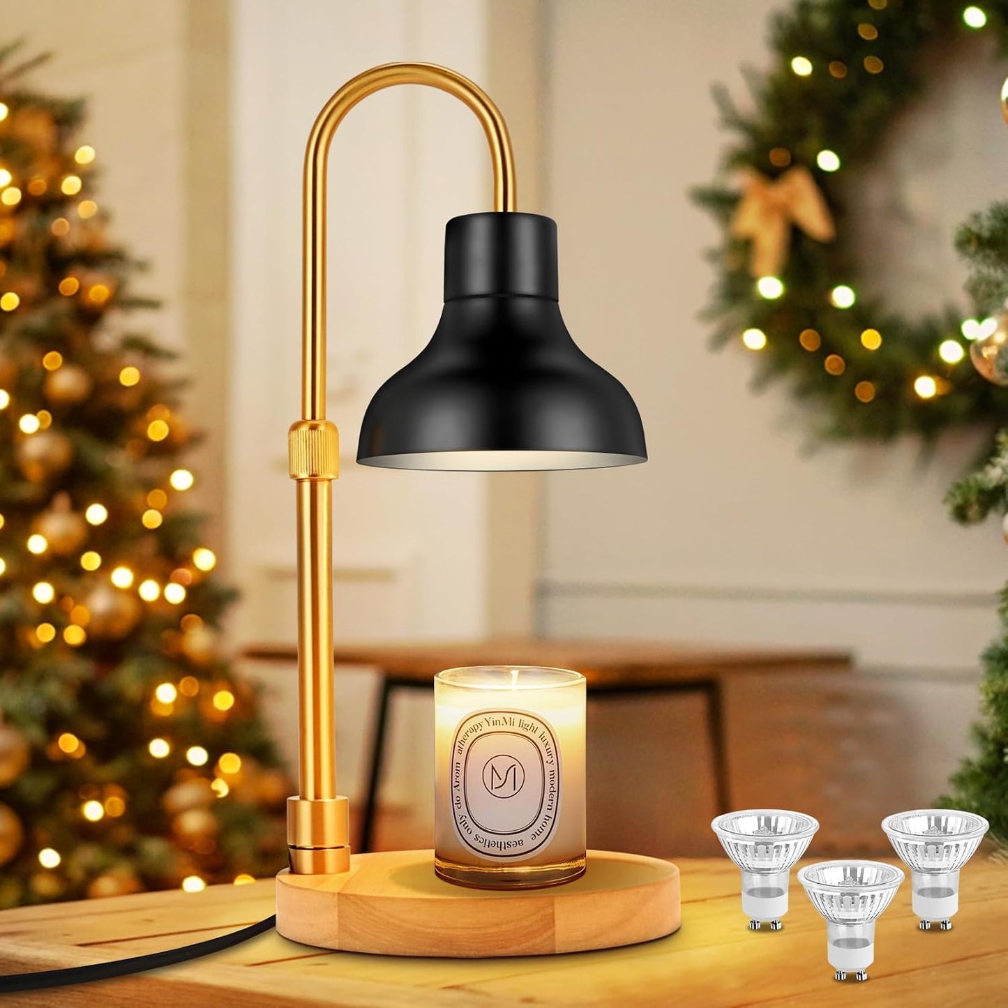 Candle Warmer Lamp Dimmable with Timer and 3 Bulbs, Adjustable Height & Brightness, Electric Candle Wax Warmer for Jar Candles, House Warming Gifts New Home Decor (Black)