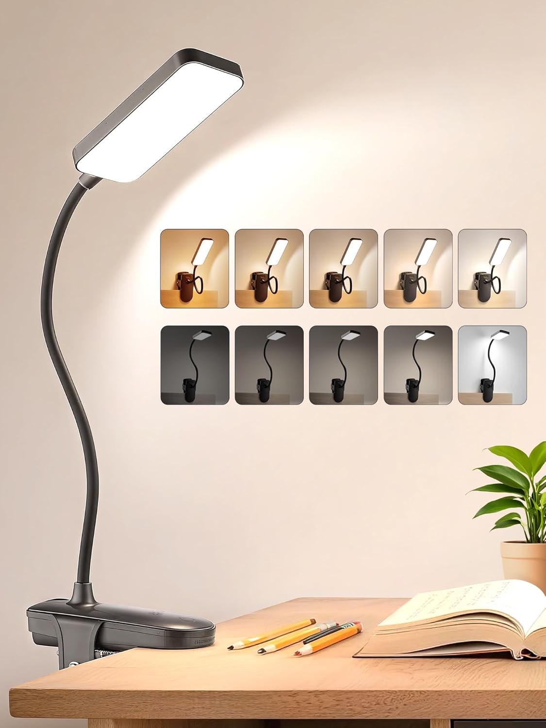 Clip on Light,45 Lighting Modes Rechargeable Desk Lamp with Clamp | 4000mAh Battery Operated Lamp,450 lm 48 LED Desk Light,Wireless & Cordless Reading Light for Bed/Bedside Table/Headboard/Dorm