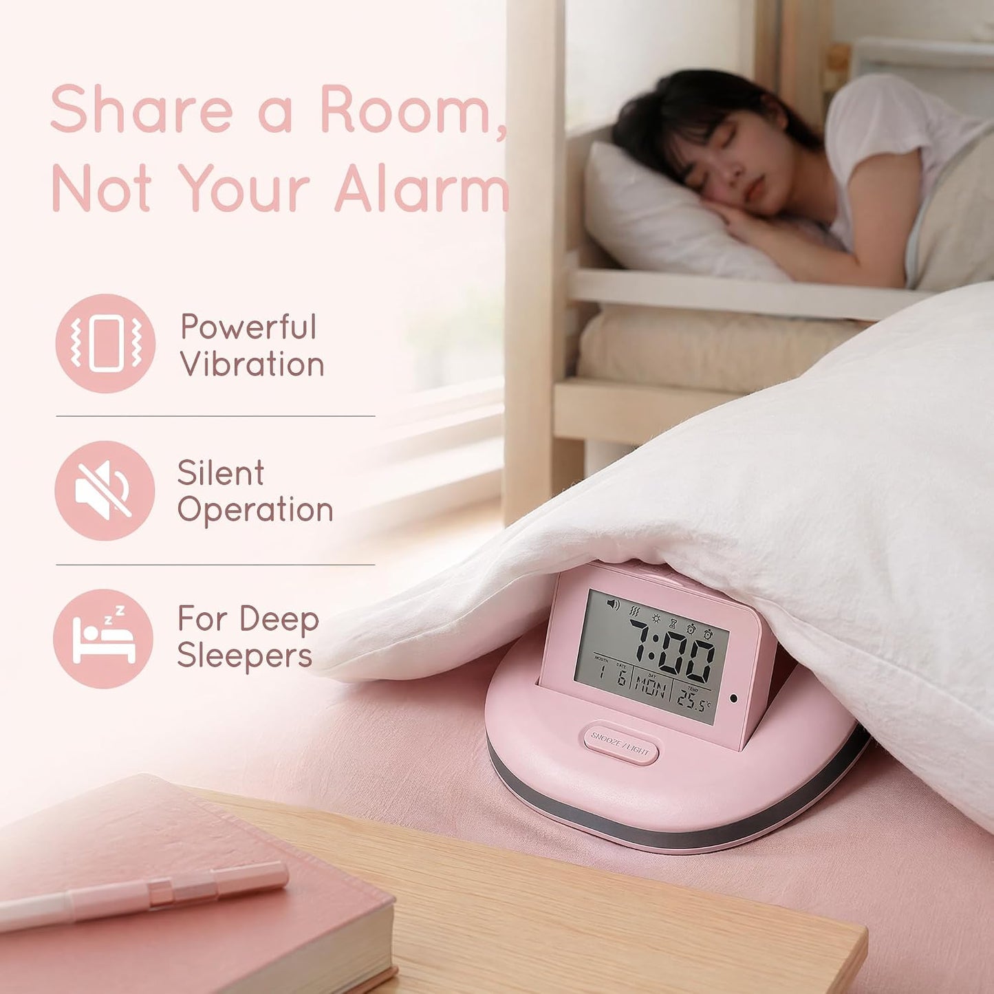Vibration Alarm Clock for Heavy Sleepers Silent Wake Up Bed Shaker | 2 Alarms, Snooze, Backlit, Countdown Timer, for Students Dorm