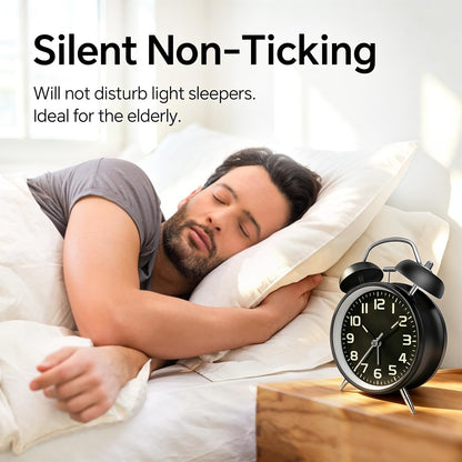 4.5" Metal Loud Alarm Clock for Heavy Sleepers Adults, Analog Battery Operated Alarm Clock with Bells Glow in Dark Numbers, Silent Old School Bedside Desk Clock for Bedroom Office Kids, Black