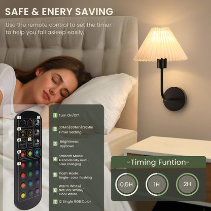 Rechargeable Battery Operated Wall Sconce Sets of 2, 15 Colors Wireless gooseneck Black Wall Lights Fixture with Dimmable Bulbs and Remote, Not Hardwired Wall Mounted Lamps for Bedroom Living Room