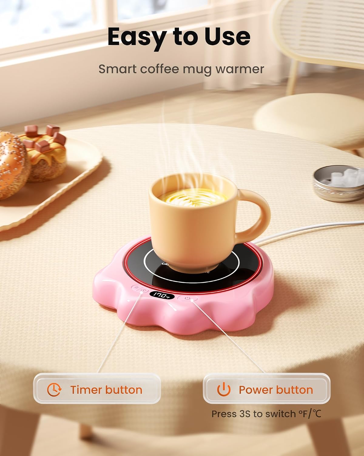 Gaiatop Mug Warmer, 50W Cute Cat Paw Cup Warmers, Heated Plate - Black | 3 Temp Setting, 2-10H Auto Shut Off, Coffee Accessories Keep Beverage Hot for Desk and Home, Stocking Stuffers for Tea Candle