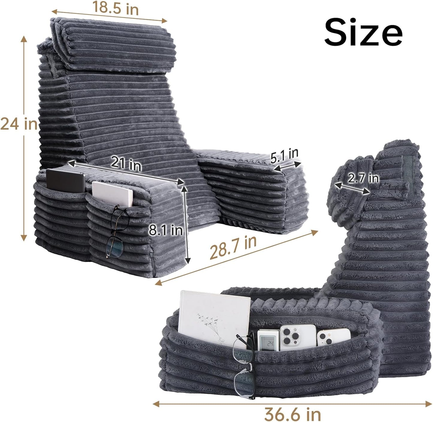 ENITYA 22" XL Back Pillow for Bed Sitting Up with Armrests & Big Pockets | Reading Pillow for Bed, Soft Back Support Chair, Ideal for Watching TV, Gaming, Nursing, Resting, Post Surgery, Dark Grey