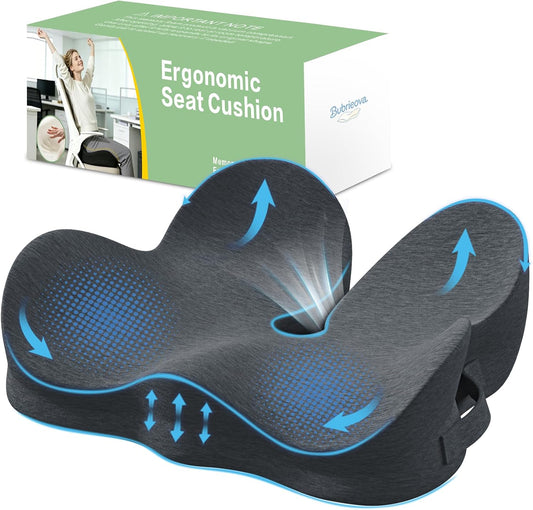 Memory Foam Seat Cushion for Sciatica & Tailbone Pain Relief – Comfort Support for Office Chair, Car Seat, Airplane, Long Sitting Workers & Drivers (Black)